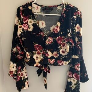 Black Floral Crop Top with Bell Bottom Sleeves